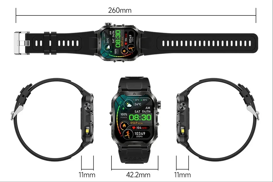 2024 T26 For Xiaomi Military Smart Watch Men Outdoor Sports Flashlight Fitness Watches Health Monitor 1.96" BT Call Smartwatch