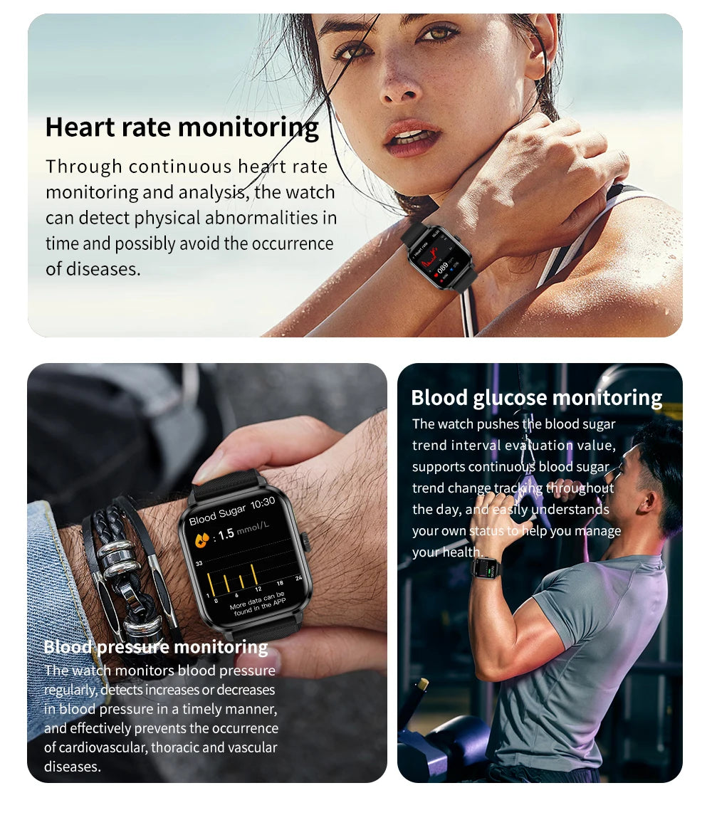 2024 New Blood Sugar Smart Watch for Men Bluetooth Call Blood Glucose Blood Pressure Body Temperature Measurement Smartwatch