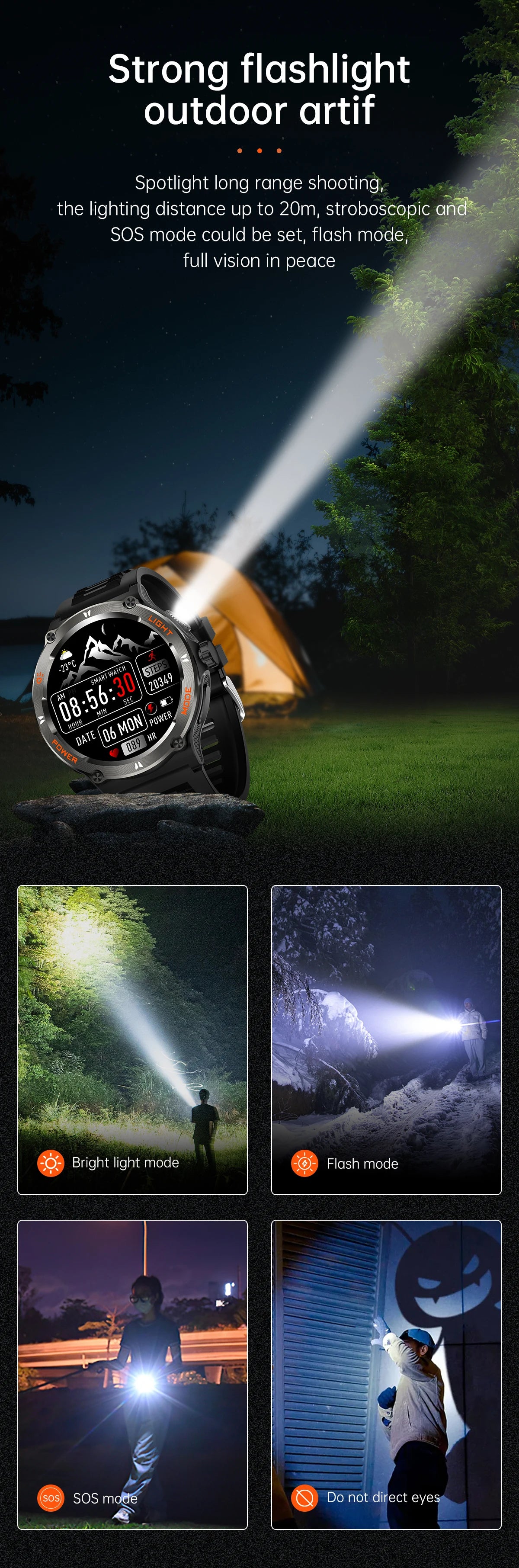 2024 New Strong Flashlight Smart Watch 3ATM Waterproof Clock Men Outdoor Sports SOS Wristwatch BP HR Bluetooth Call Smartwatch