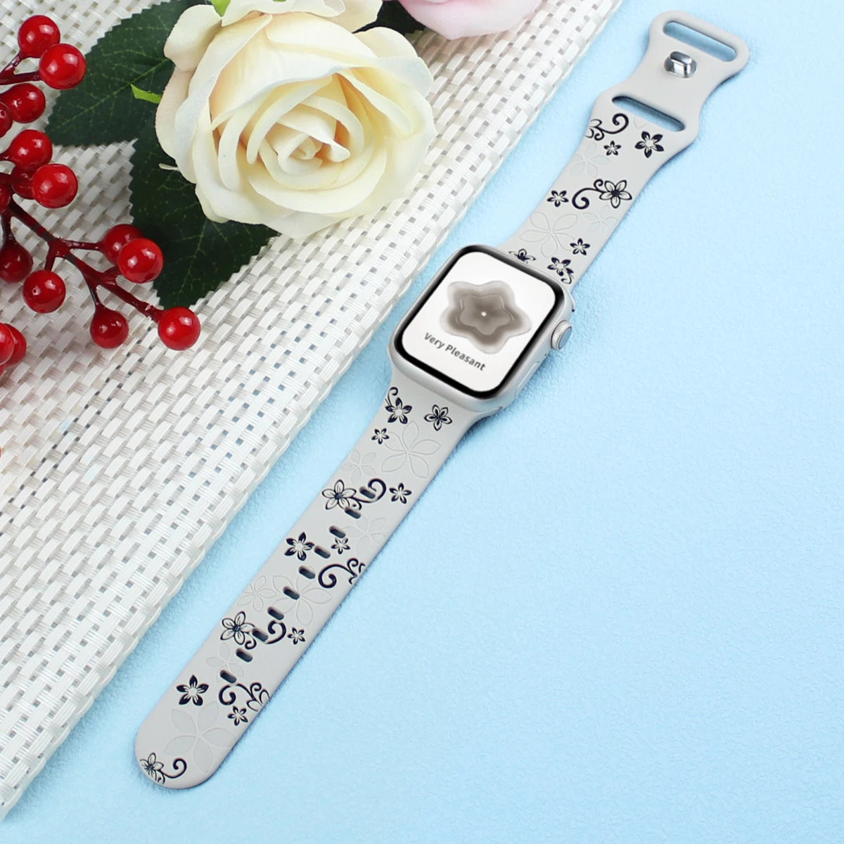 Silicone Strap for Apple Watch Band 41mm 45mm 40mm 44mm Floral Engraved Bracelet for iWatch Series 3/4/5/6/7/8/9/SE/Ultra 2 49mm