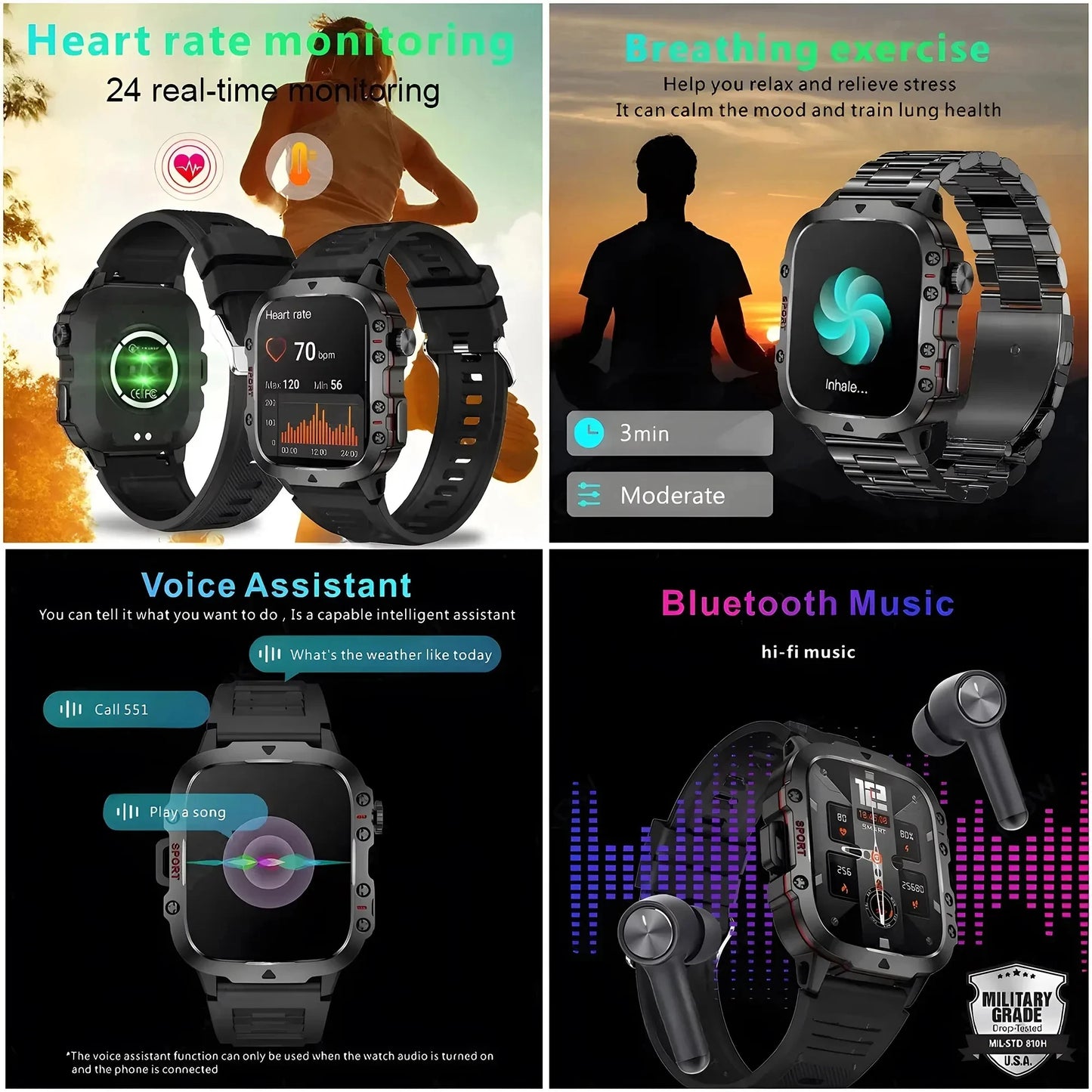 2024 New Military Smartwatch Men Bluetooth Calling GPS Sports Tracking Outdoor Altitude Pressure IP68 Waterproof Men Sports Men