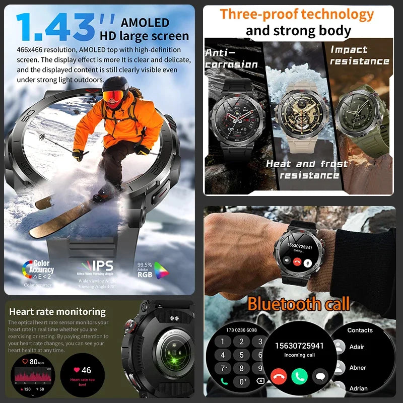 2024 New Rugged Military GPS Smart Watch Men AMOLED HD Screen Heart Rate Bluetooth Call Waterproof Outdoor smartwatch for Xiaomi