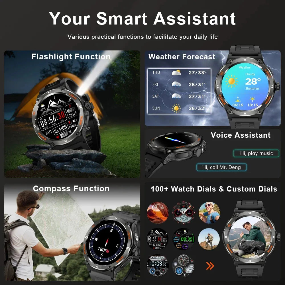 2024 New Rugged Military GPS Track Smart Watch Men Bluetooth Call 500Mah 3ATM Waterproof Outdoor SmartWatches For Huawei Xiaomi