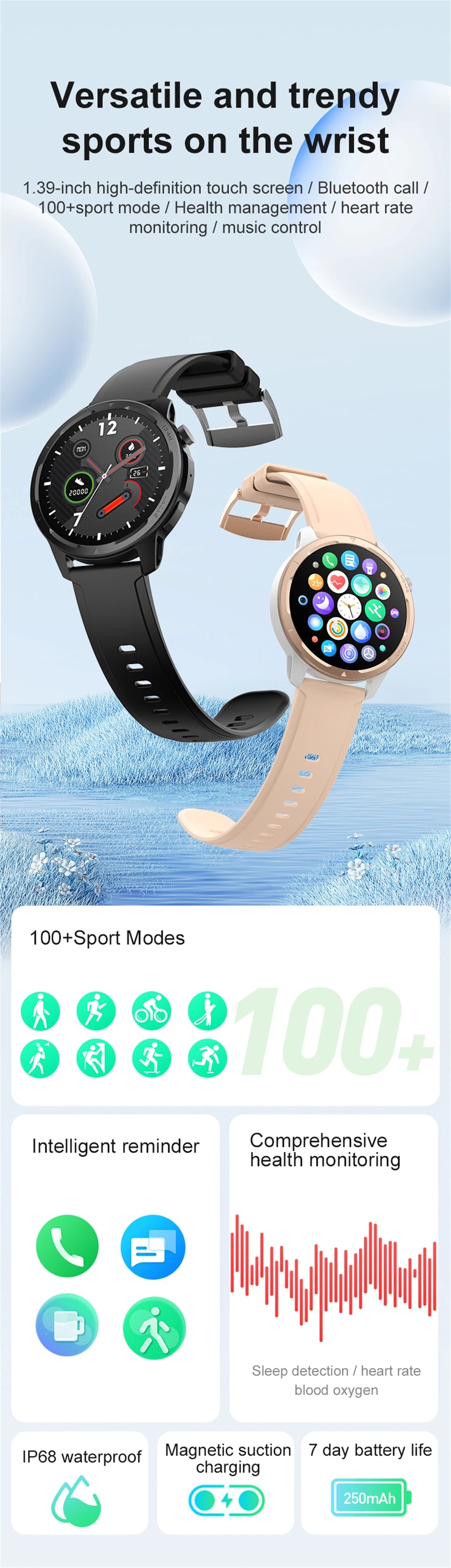 Bluetooth Call Smart Watch Men Women 1.39" Large Screen 100+ Sports Modes Smartwatch Man Monitor GPS Fitness Tracker 2024 New