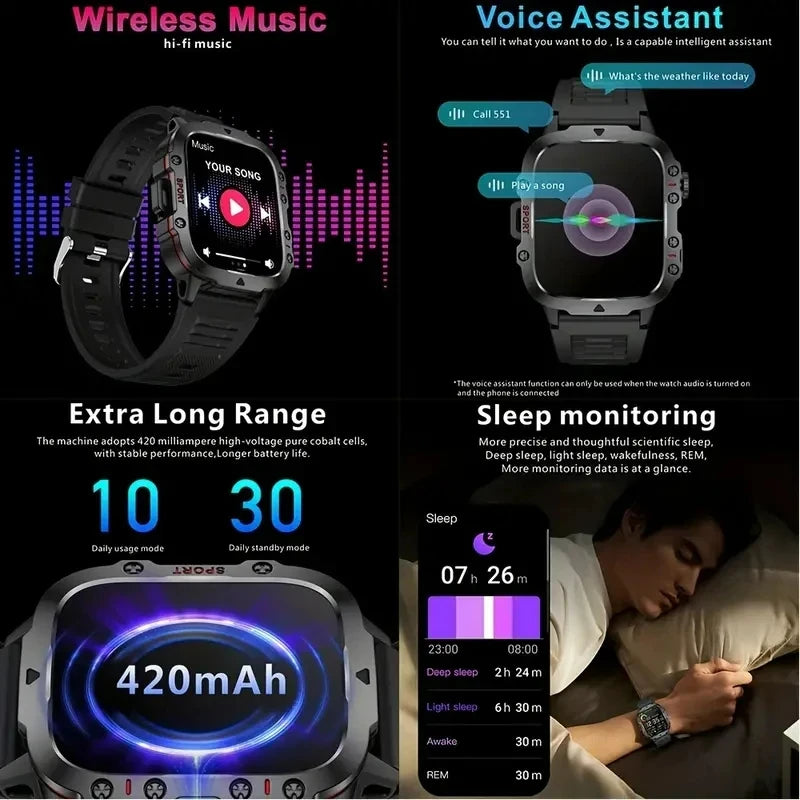 2024 Rugged Military Smart Watch Men For Android IOS Sport Ftiness Watches Waterproof 1.96'' AI Voice Bluetooth Call Smartwatch