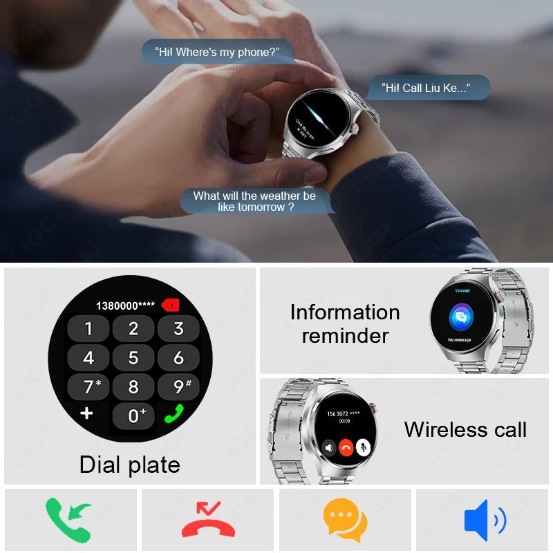 LIGE NFC Smart Watch Men 1.52 inch AMOLED Screen Wireless Call Health Monitor Waterproof Watch Sports Smartwatch 2024 For Huawei