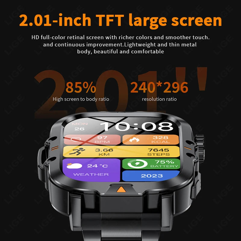 LIGE Smart Watch Men 2.01'' HD Display LED Flashlight Bluetooth Call Heart Rate Health Monitor Waterproof Rugged Smartwatch 2024