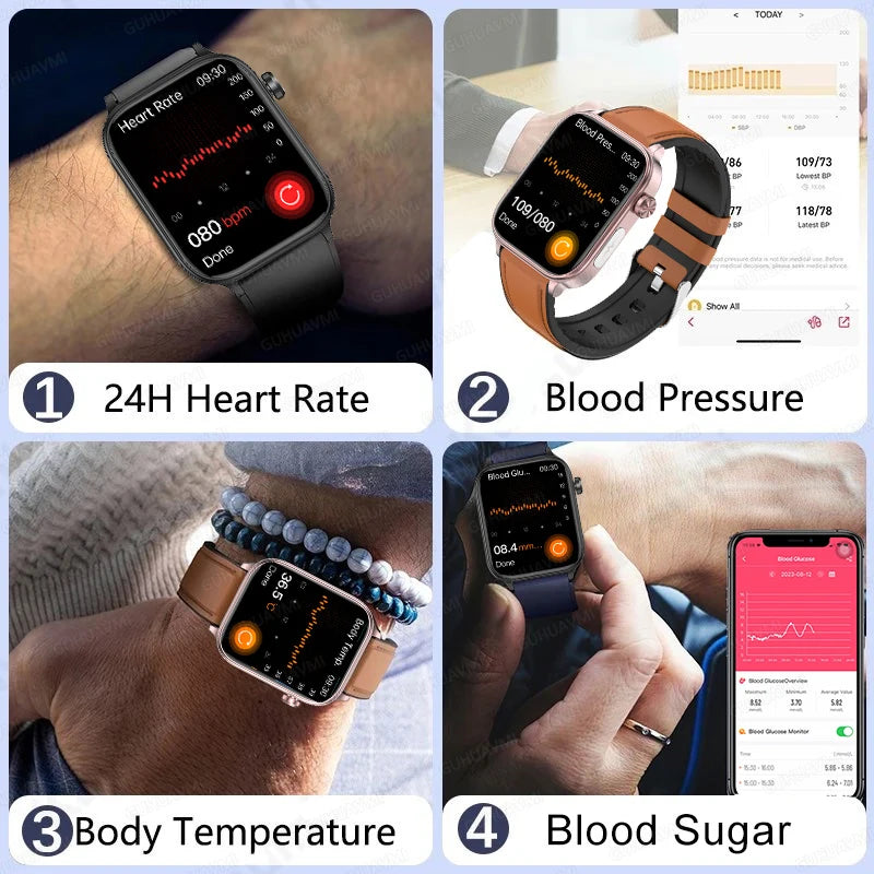 2024 New Blood Lipids Uric Acid Non-Invasive Blood Glucose Smart Watch Men ECG+PPG Bluetooth call AI Voice Assistant Smartwatch