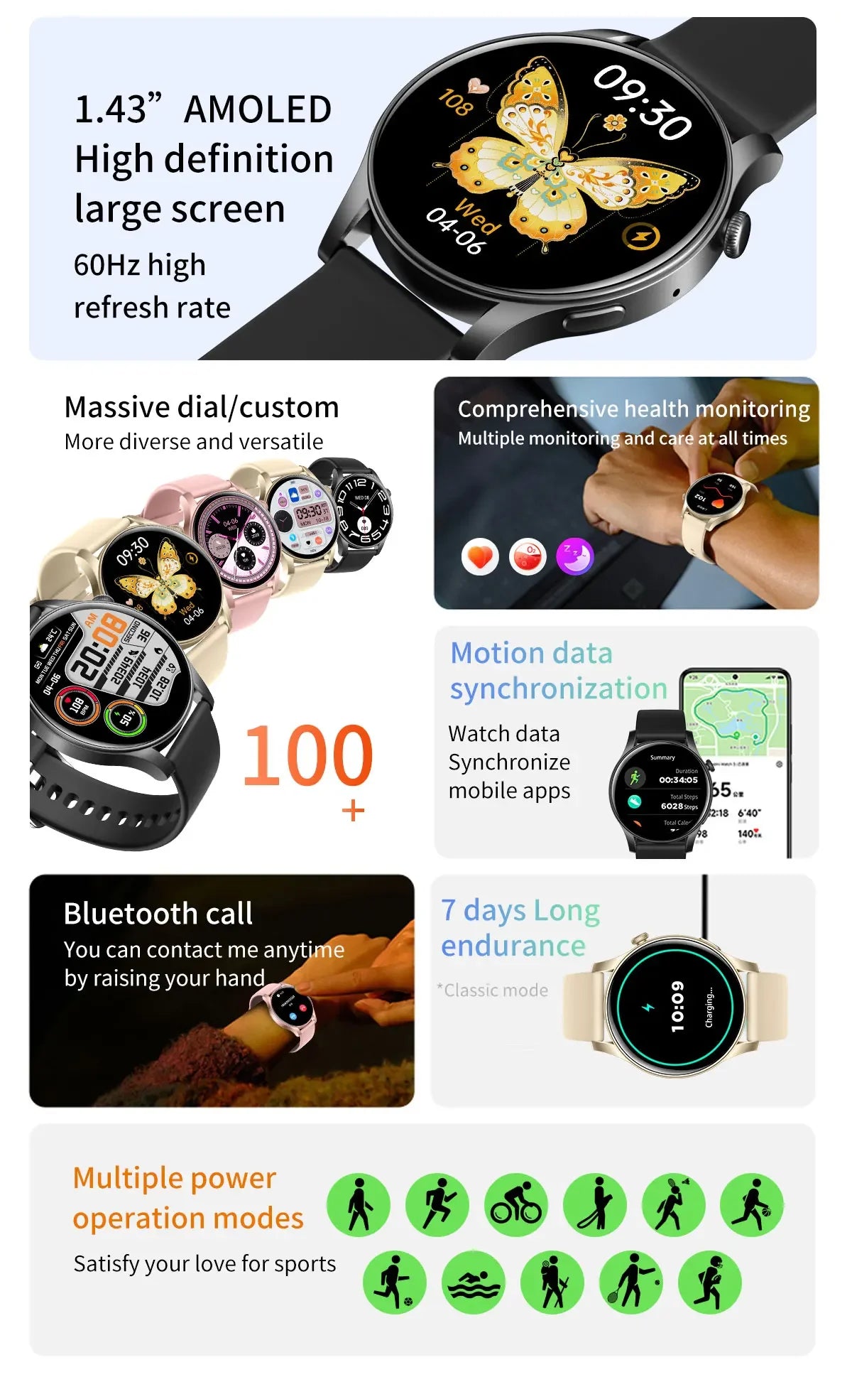 MAOYUAN 2024 New Bluetooth Call Smart Watch for Women and Men with Multi Sport Mode AMOLED Screen Waterproof Couple Smartwatch