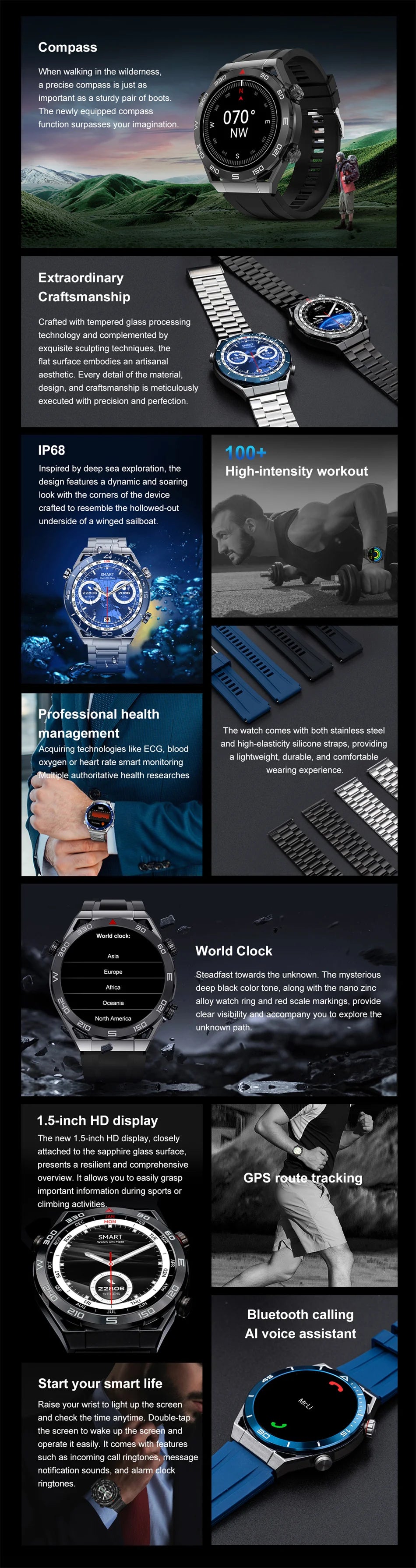 2024 AMOLED Smart Watch Man Bluetooth Answer Call Sport Watch GPS Track Compass IP68 Waterproof Smartwatch DT Ultimate