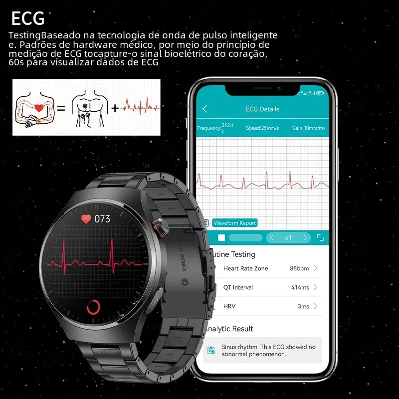 2024 New Medical Grade Men Smart Watch Heart Rate Blood Sugar Sleep Detection AMOLED HD Screen Sports Tracker BT Call smartwatch