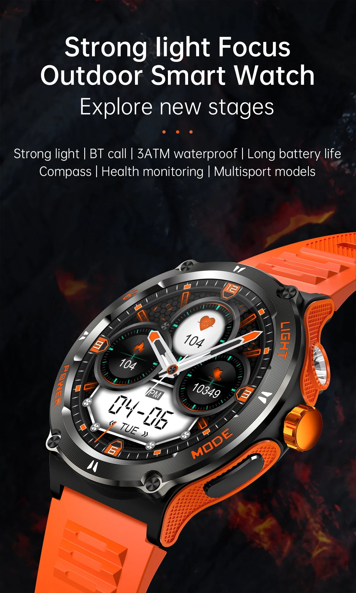 2024 New Strong Flashlight Smart Watch 3ATM Waterproof Clock Men Outdoor Sports SOS Wristwatch BP HR Bluetooth Call Smartwatch