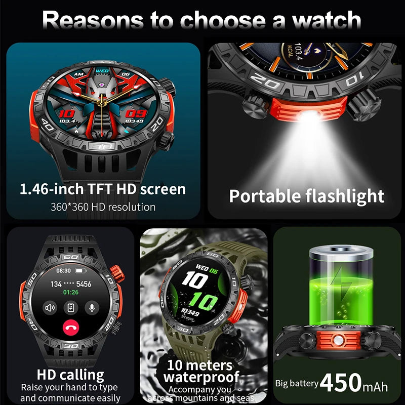 2024 Compass Flashlight Watch 1.46-inch 360*360 HD Display Smartwatch 100+ Sports Modes Men Military Grade Toughness Smart Watch