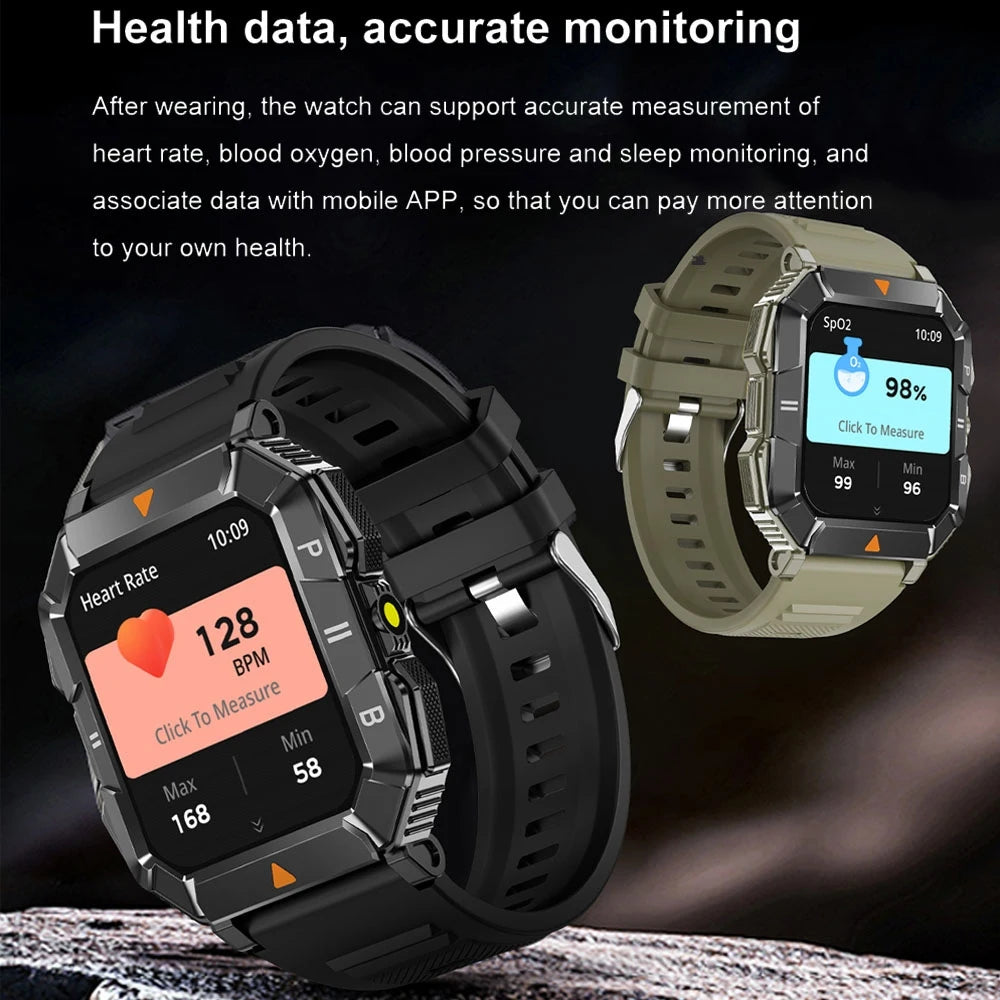 LED Flashlight Smartwatch Men Heart Rate Sleep Monitoring 100+Sport Mode Waterproof Bluetooth Call Military Smart Watch 2024 New