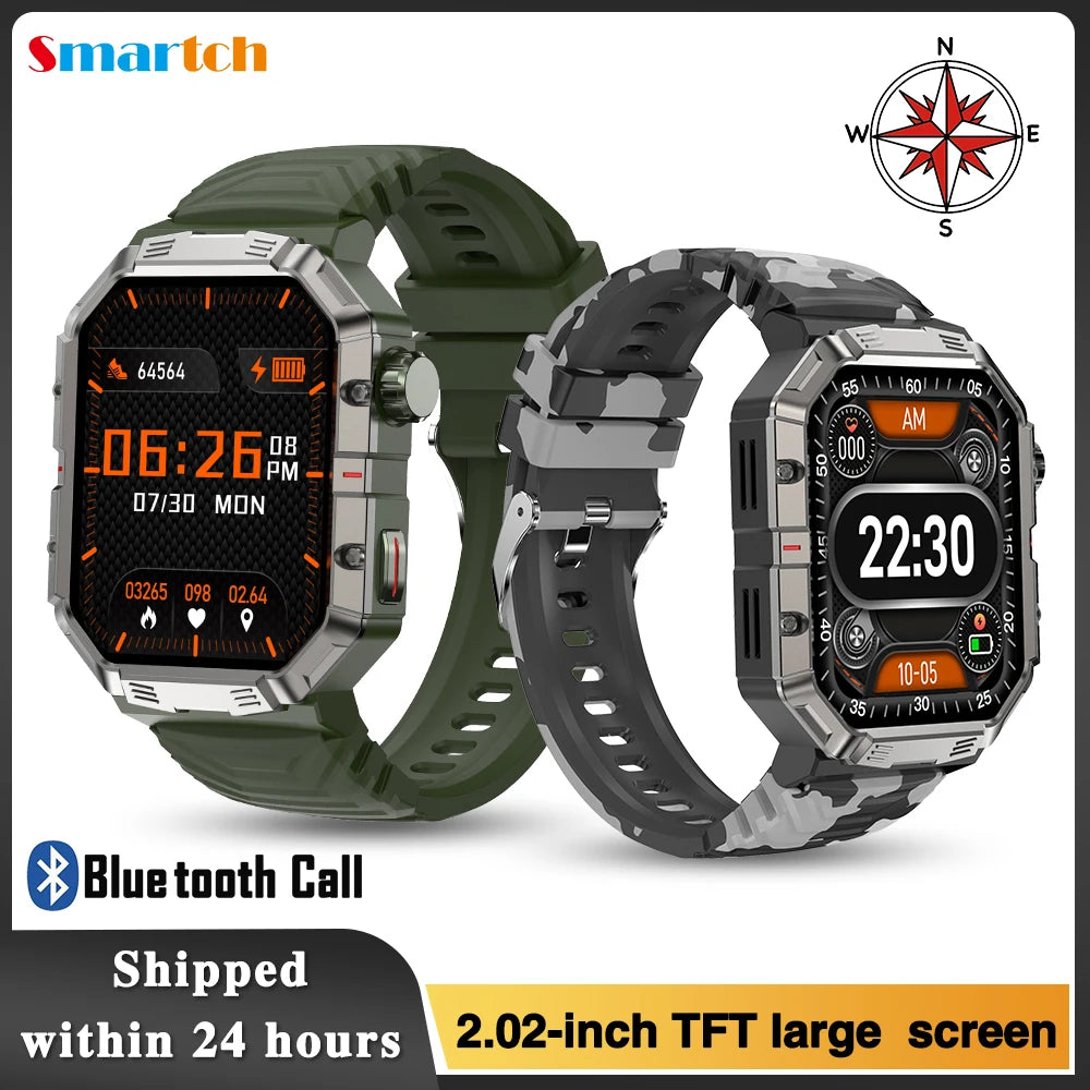 New Outdoors Sports Men 2.02" Blue Tooth Call Smart Watch Heart Rate IP68 Waterproof Watches Compass Music 2024 Games Smartwatch