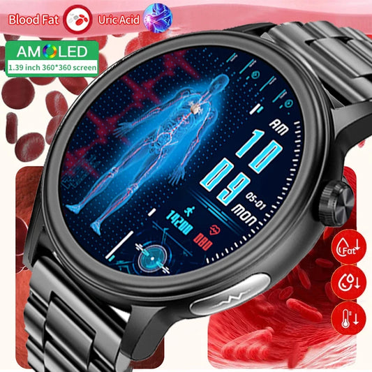 2024 New Blood Lipids Uric Acid Blood Glucose Smart Watch Men ECG+PPG HD 360*360 Full Screen Touch Bluetooth Call Smartwatch