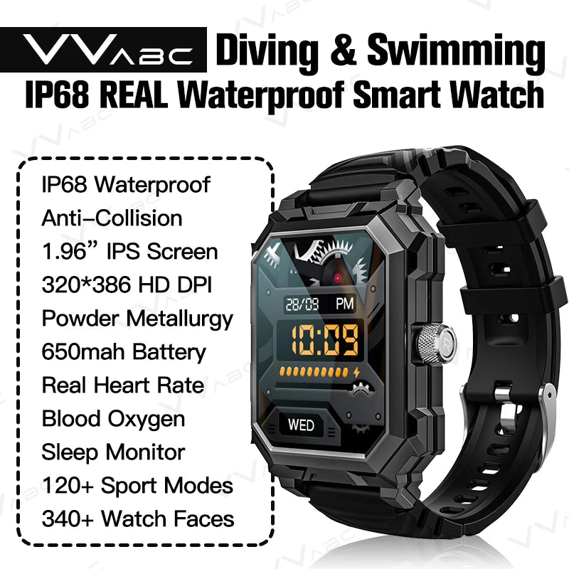 VVABC ip68 Waterproof Smart Watch For Men Rugged Swimming Diving Sport Fitness Tracker Outdoor Smartwatch Heart Rate Sleep Firm