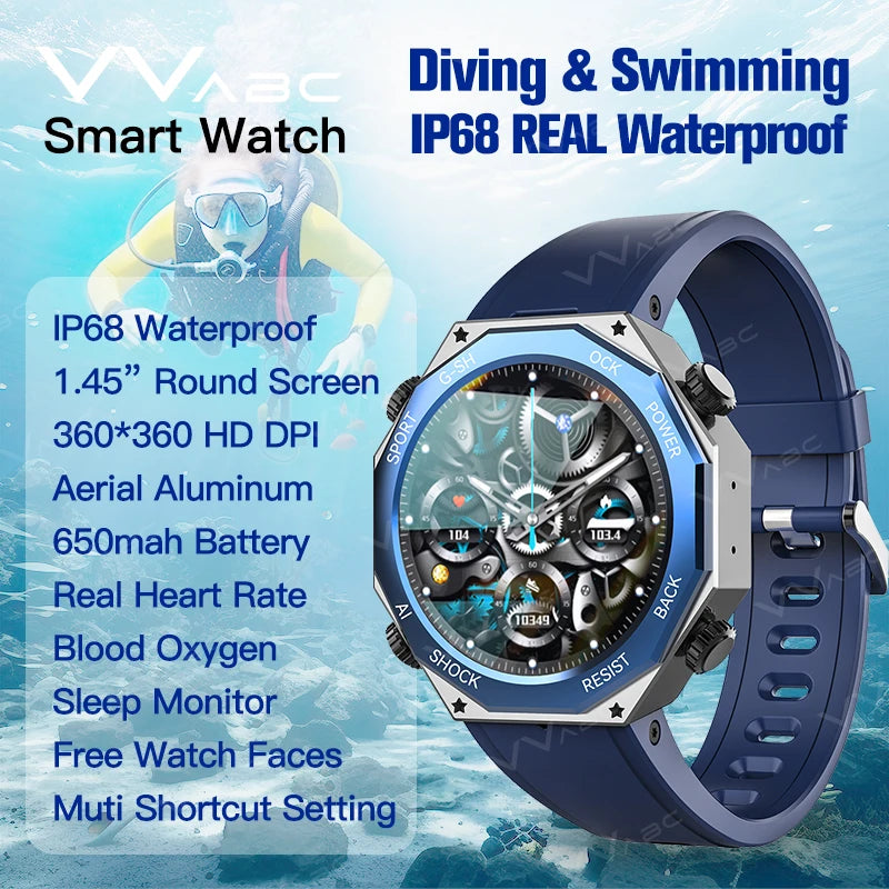 VVABC ip68 Waterproof Smart Watch For Men Rugged Swimming Diving Sport Fitness Tracker Outdoor Smartwatch Heart Rate Sleep Firm