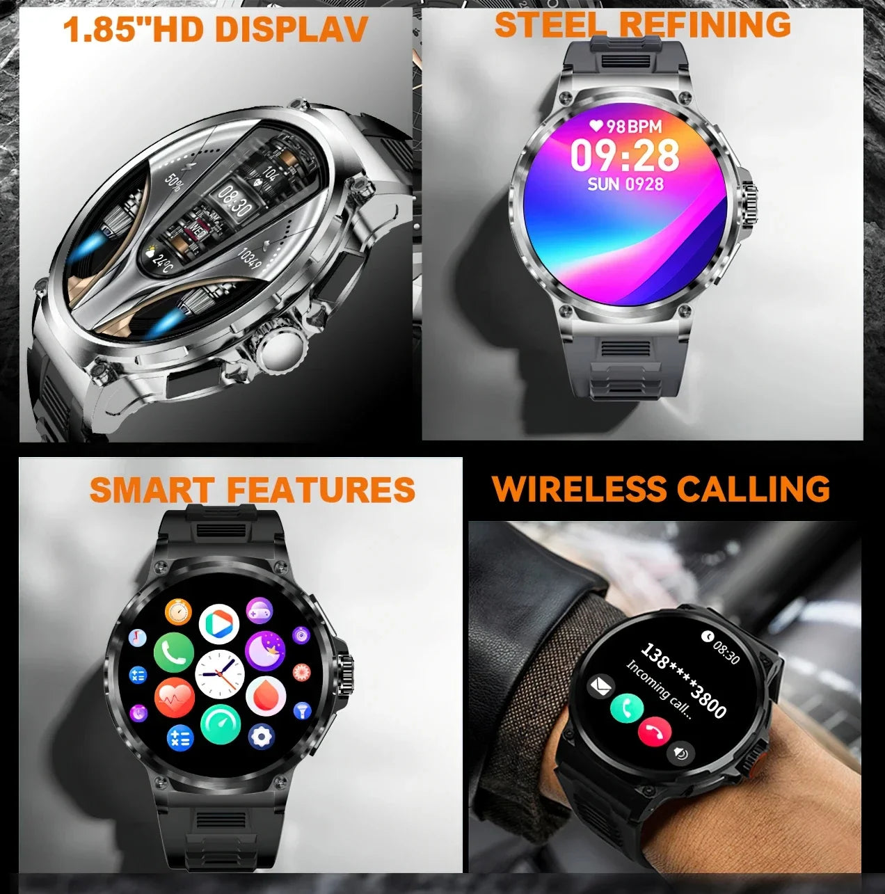 2024 New 1.85 Inch Ultra HD AMOLED Screen 710mAh Large Battery smartwatch Men Sport Tracker Bluetooth Call Watch for Android IOS