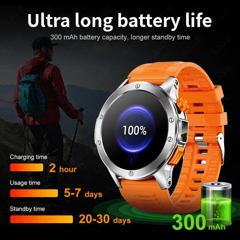 LIGE Smart Watch Men 1.39 '' HD Screen 300mAh LED Flashlight Wireless Call Outdoors Sports Blood Oxygen Monitor Smartwatch 2024