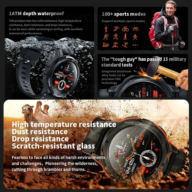 Rugged Outdoor Military 1ATM Waterproof Watches Sports Bluetooth Smartwatch For Men Smart Watch 2024 New Clock For Xiaomi Huawei