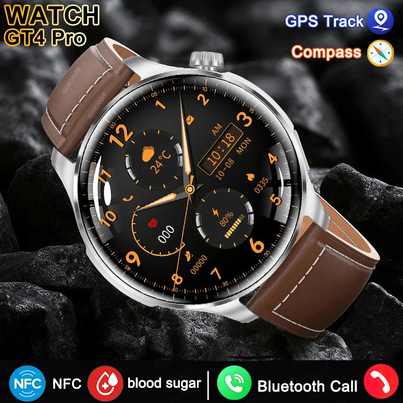 Watch GT4  AMOLED Screen Smart Watch Men Blood Sugar Bluetooth Call GPS Sport Tracker IP68 Waterproof Women Smartwatch 2024 New