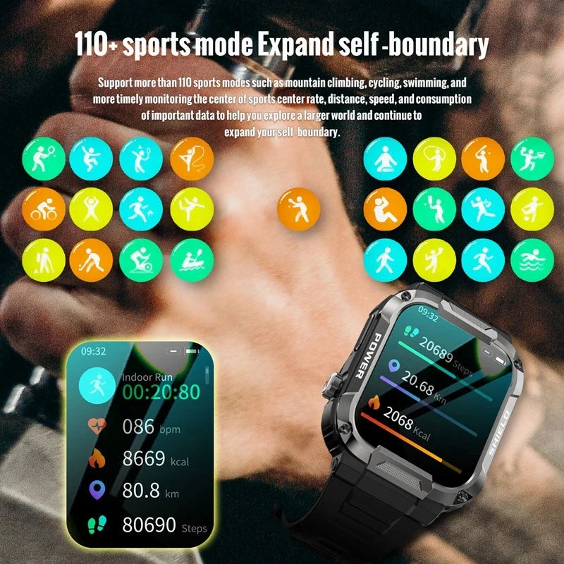 2024 Rugged Military Smartwatch Men For Android IOS Fitness Watches IP68 Waterproof 2.01'' AI Voice Bluetooth Call Smart Watches