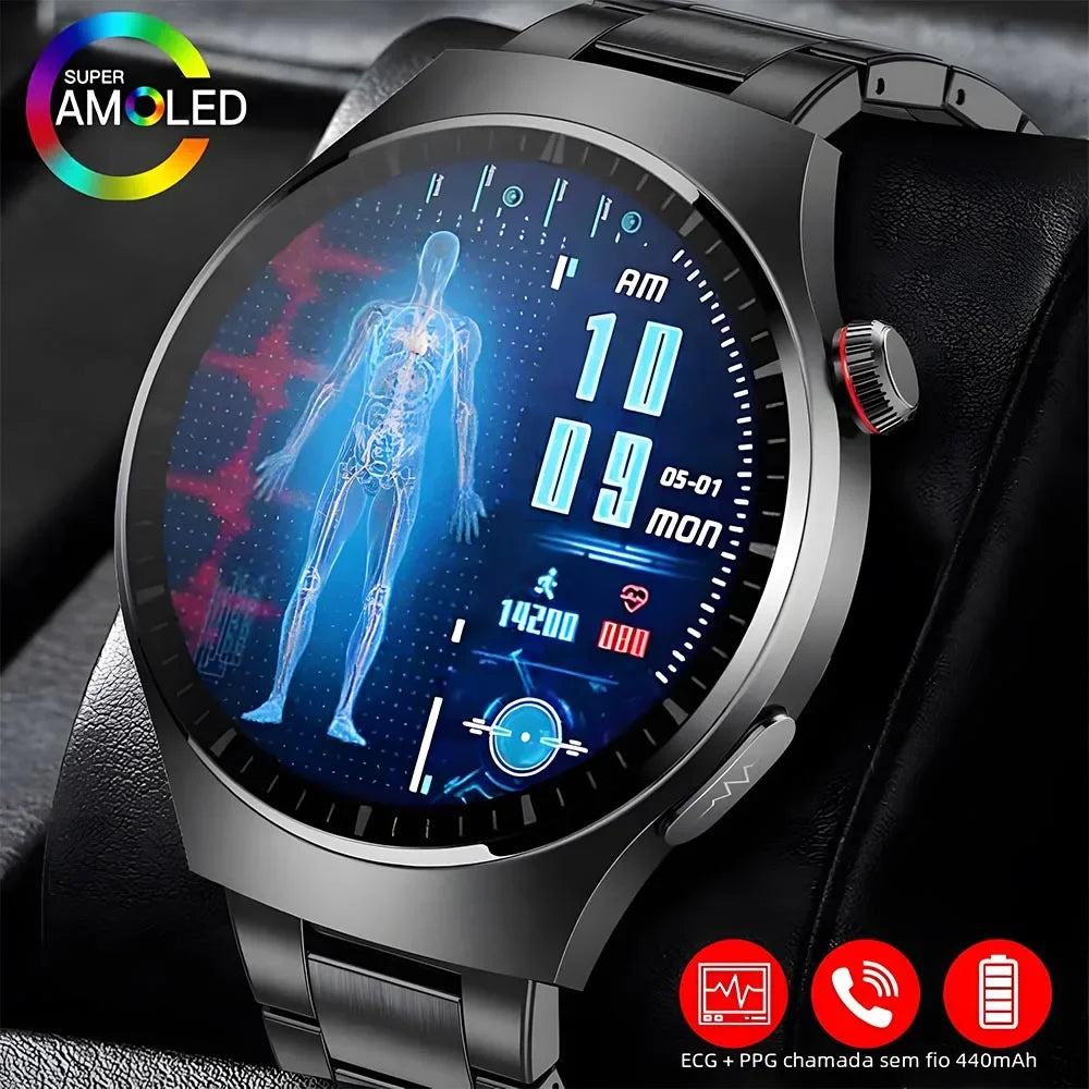 2024 New Medical Grade Men Smart Watch Heart Rate Blood Sugar Sleep Detection AMOLED HD Screen Sports Tracker BT Call smartwatch