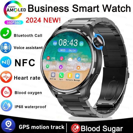 2024 GPS Track Smart Watch Men AMOLED 360*360 Screen BT Call Heart Rate Blood Sugar IP68 Waterproof Smartwatch For Huawei Xiaomi