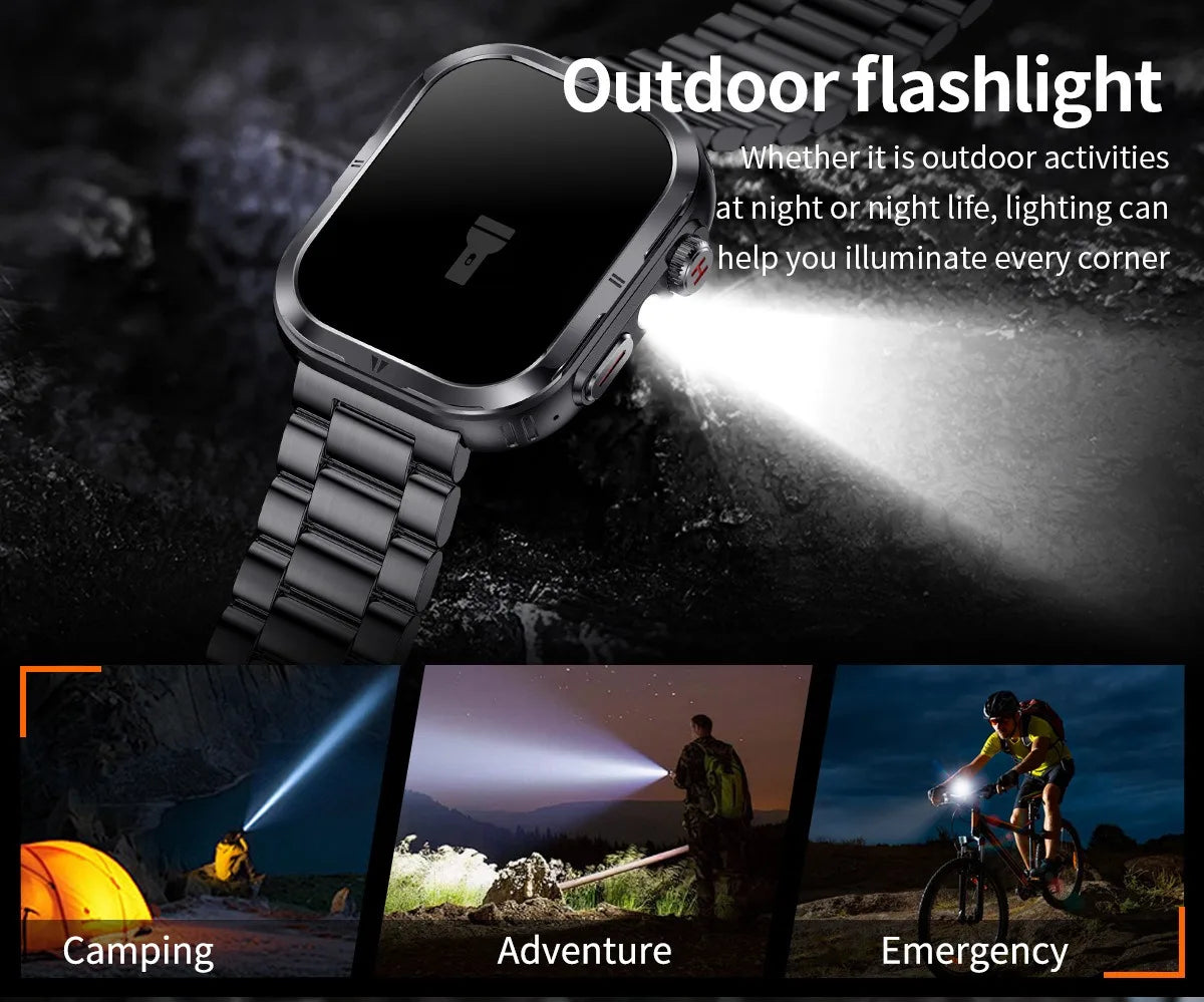 2024 Smart Watch Men Outdoor reloj hombre LED Flashlight 2.01 inch Bluetooth 5.2 Call Women Smartwatch 100+ Sports Modes Watches