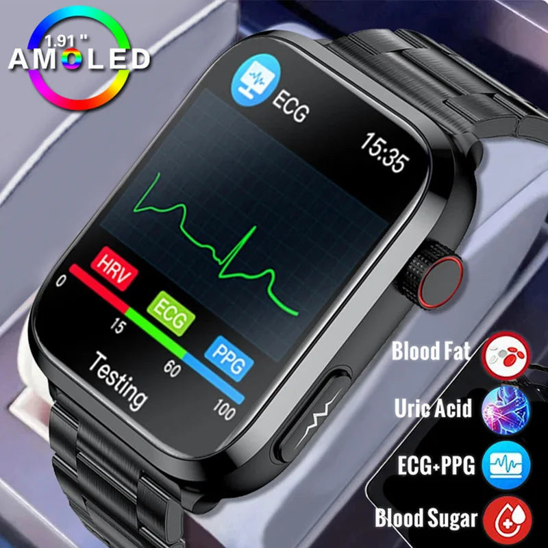 2024 New Smart Watch Men Blood Sugar Uric Acid Watches Fitness Tracker Clock Heart Rate Health Bluetooth Call Smartwatch ECG PPG