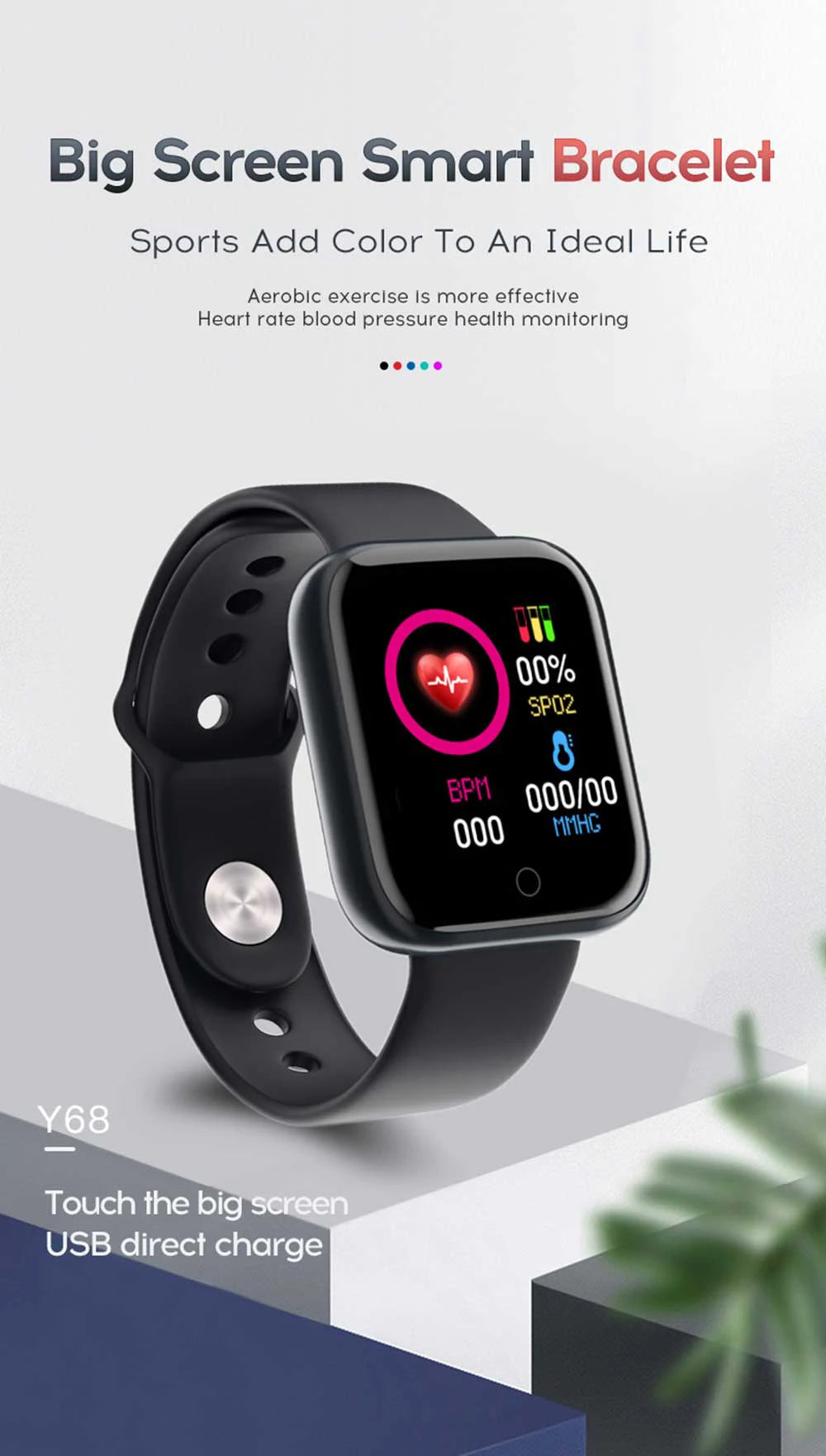 Y68 Smartwatch Fitness Bracelet Heart Rate Monitoring Reminder Step Counting Information Push Sleep Analysis D20 Sport Smartband