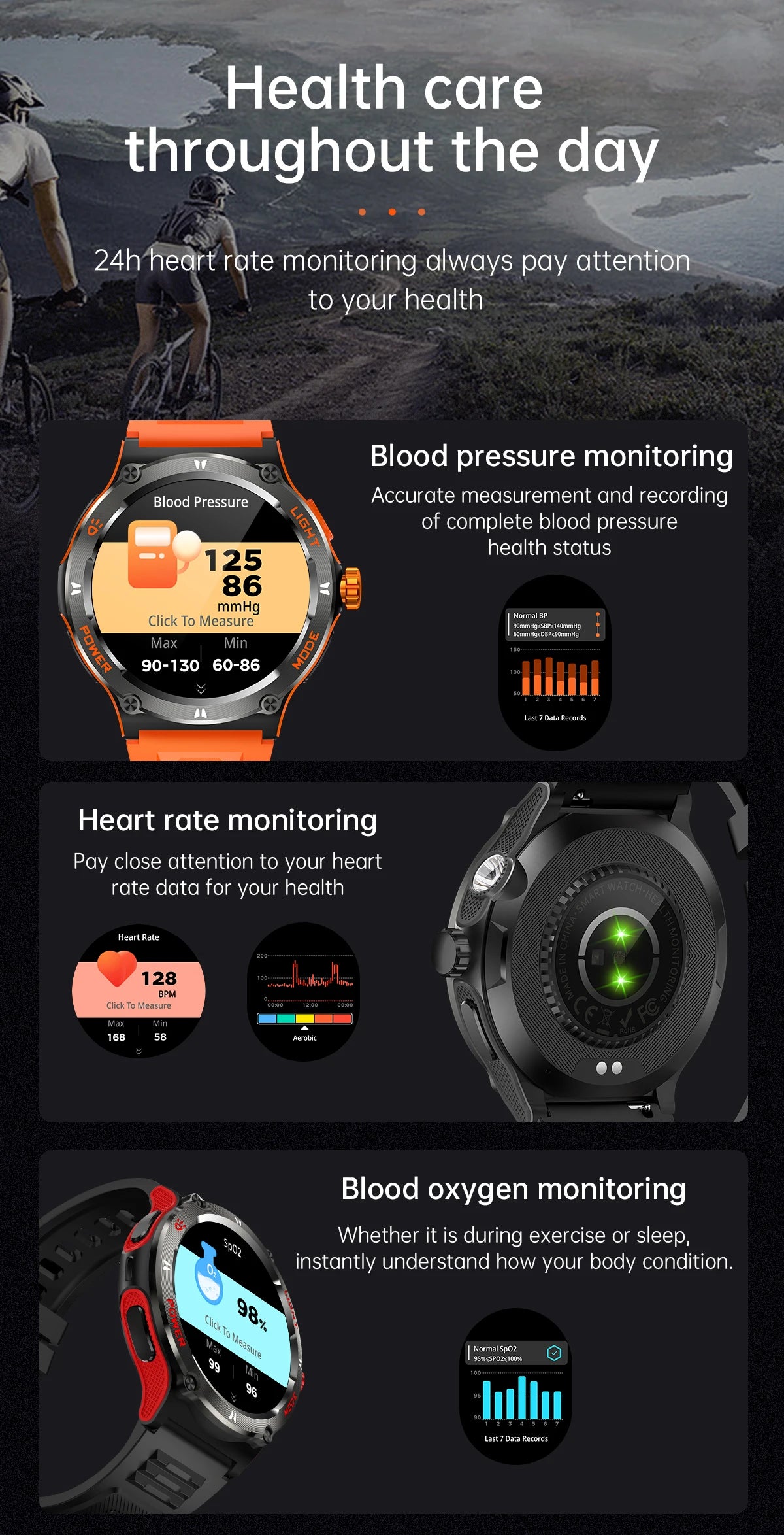 2024 New Outdoor Men Smartwatch 500Mah 3ATM Waterproof LED Light GPS Track Compass Bluetooth Call Smartwatch For Huawei Xiaomi