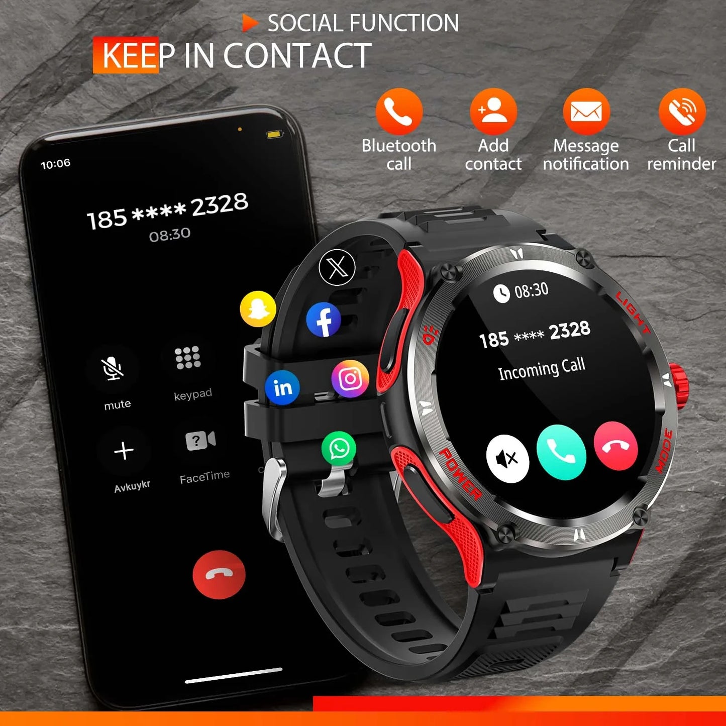 2024 New For Huawei IOS Top Outdoor Military Smartwatch Men Compass Bluetooth Call 3ATM Waterproof Heart Rate LED Lighting Watch