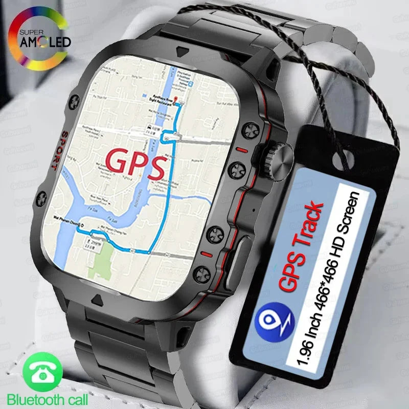 2024 New GPS Track Smart Watch Men 1.96" HD AMOLED Screen Bluetooth Call Waterproof Outdoor Sport SmartWatch For Huawei Xiaomi