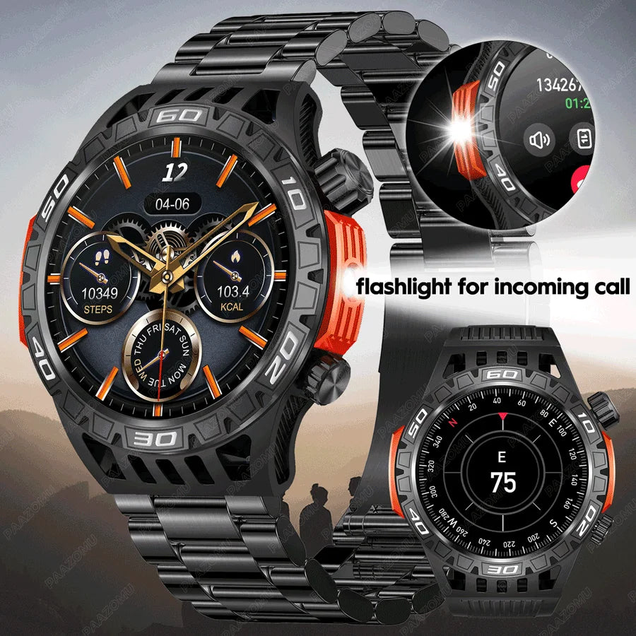 2024 Military Smart Watch for Men with LED Flashlight Outdoor Tactical Rugged Smartwatch Sport Fitness Tracker Watch for Android