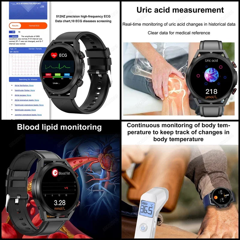 2024 New Uric Acid Non invasive Blood Glucose Smart Watch Mens Bluetooth Call Blood Lipid Blood Oxygen Blood Pressure Smartwatch