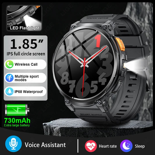 2024 Smart Watch Men 1.85'' Screen Outdoor Sport Heart Rate Flashlight Watch 730mAh Battery Waterproof Wireless Call Smartwatch