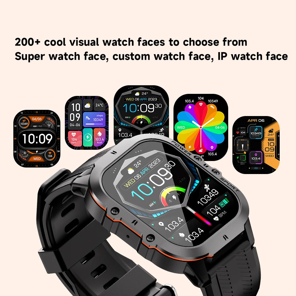 2024 New Tactical Smartwatch For Men AOD AMOLED 2'' Screen Bluetooth Call Electronic IP69K 5ATM Waterproof Men's Smart Watch