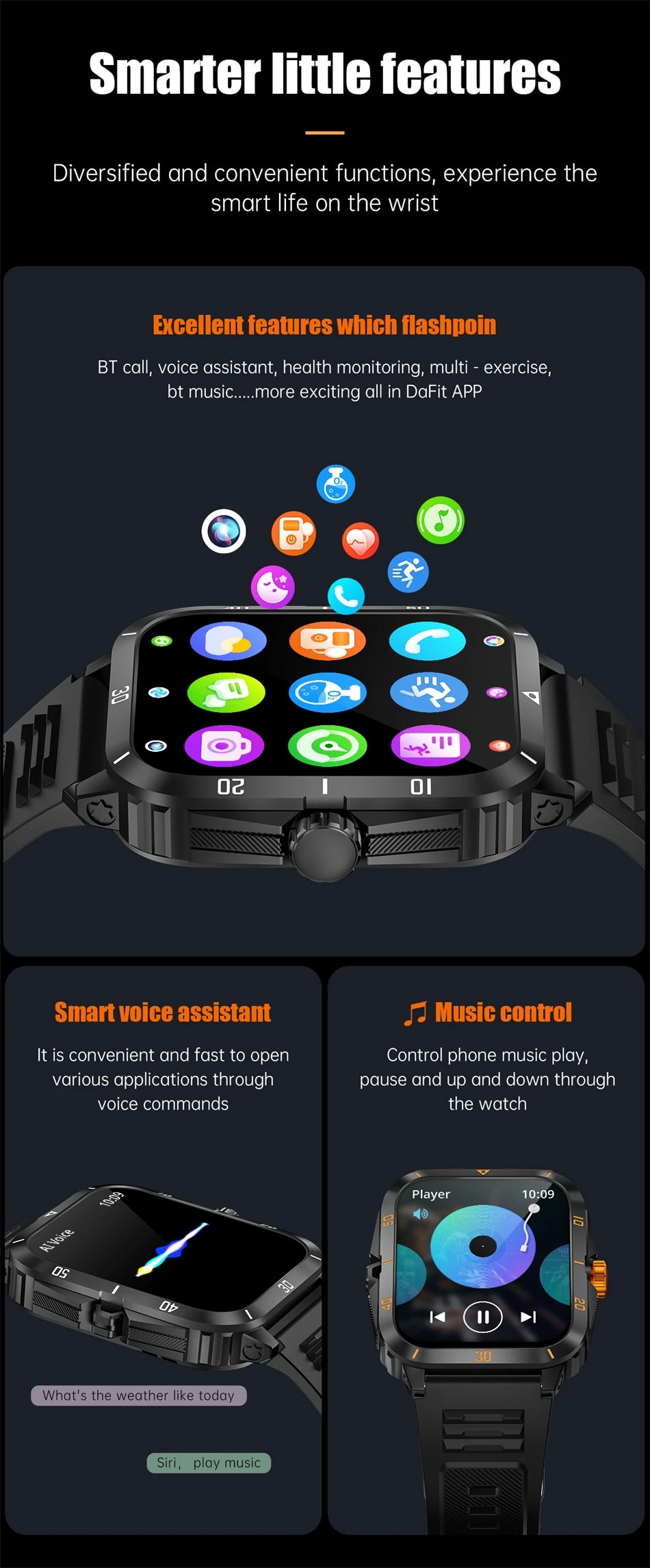 2024 Outdoor Military 3ATM Waterproof Smart Watch Men 430mAh Battery Sports Fitness Watches Bluetooth Call Smartwatch App:Da Fit