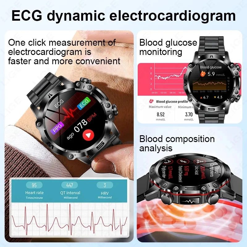 2024 Blood Sugar Smart Watch Men ECG PPG Body Temperature Health Tracker IP68 Waterproof Watches Men Bluetooth Call Smartwatch