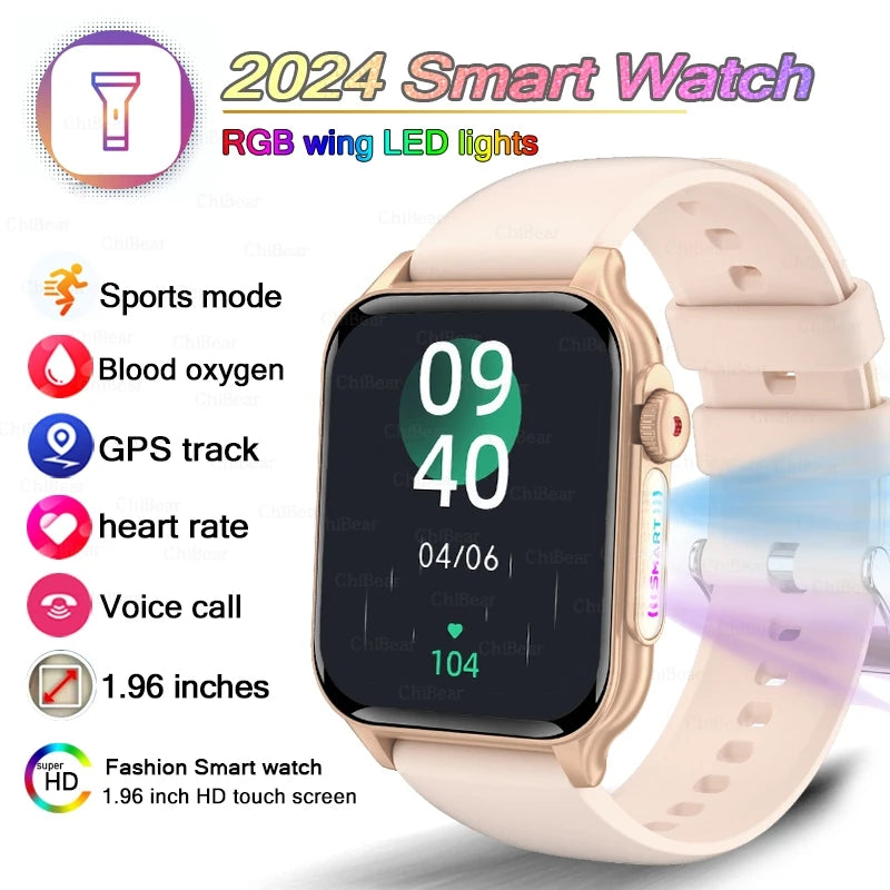 2024 New 1.96 inch With LED Flashlight Watch Men Heart Rate Blood Oxygen Bluetooth Call Fashion Women Smartwatch For Android IOS