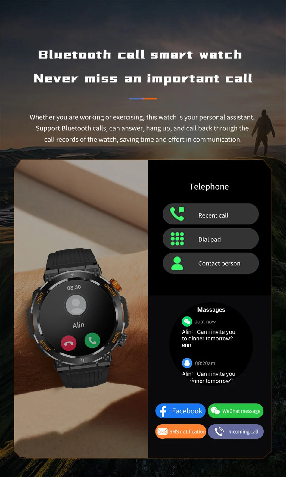 LED Flashlight Outdoor Sport Smartwatch Men Full Touch Screen Compass Waterproof Bluetooth Call Military SmartWatch Men 2024 New