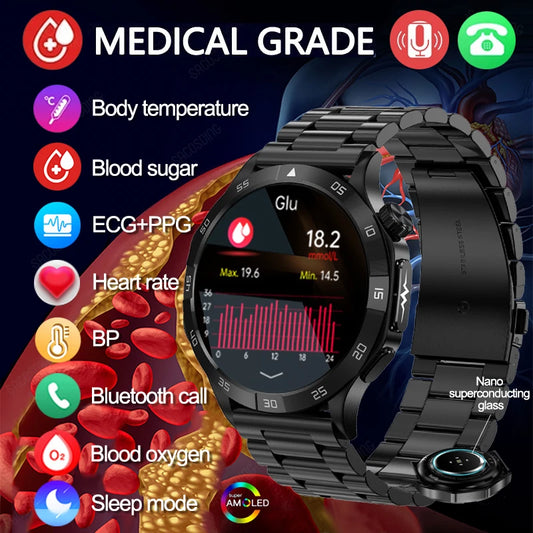 Blood Sugar Smart Watch 2024 Health Blood Lipid Uric Acid Monitor Sport Watch Smart ECG+PPG HD Bluetooth Call Men Smartwatch SOS