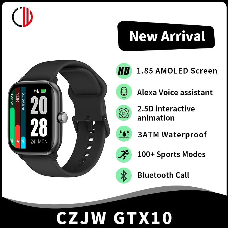 New CZJW GTX10 1.85" AMOLED 2024 Smart Watches For Men Women Bluetooth Call Build-in Alexa 3ATM Waterproof Play Music Smartwatch