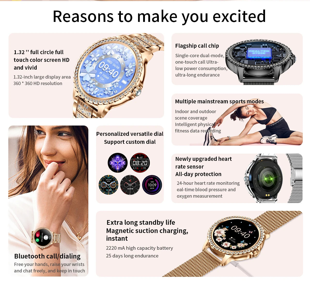 2024 New Gold Luxury Smart Watch Women 1.32Inch HD Screen Sports Custom Dial Heart Rate Voice Call Smart watch For Gift Ladies