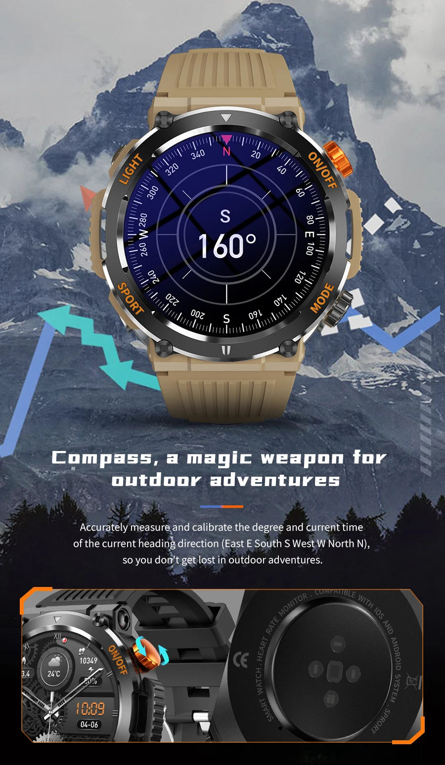 2024 New Compass Smart Watch LED Flashlight Outdoor Watches IP67 Waterproof Bluetooth Call Sports Fitness Tracker Smartwatch Men