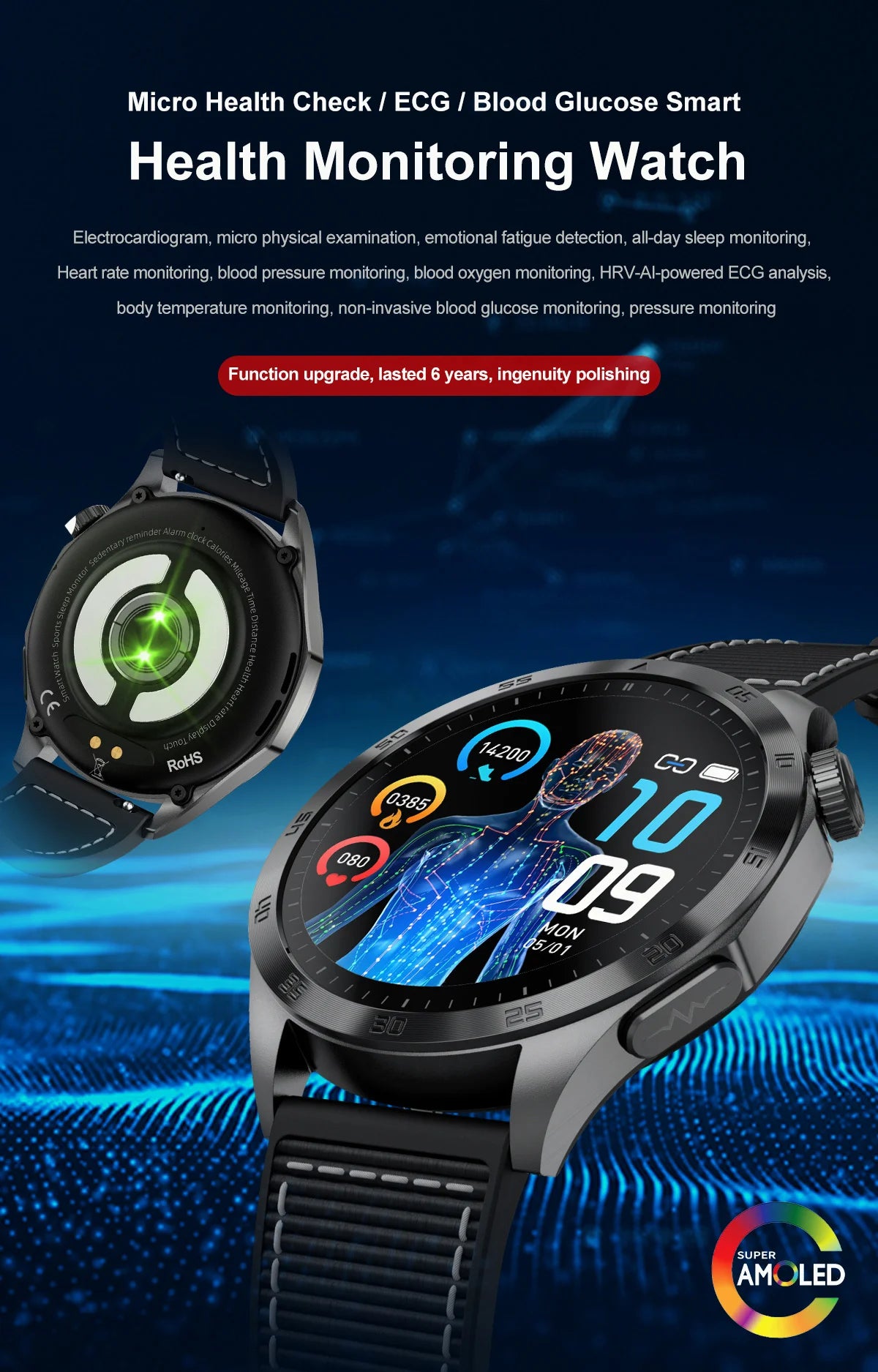 2024 New Blood Glucose Smart Watch for Men ECG Watches Blood Lipids Uric Acid Bluetooth Call Health Smartwatch Fitness Tracker