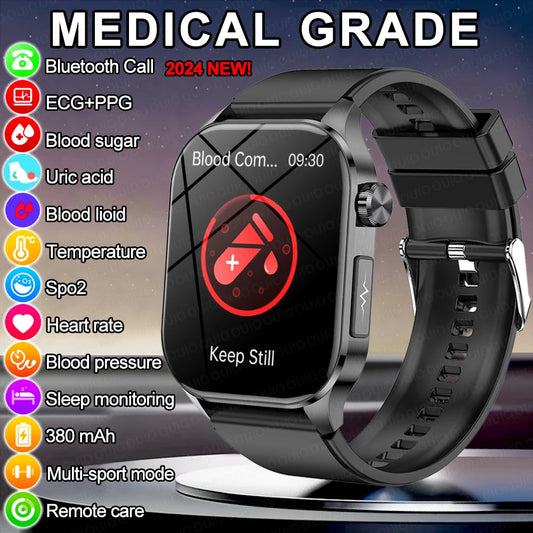 2024 New ECG+PPG Smart Watch Men Blood Lipid Uric Acid Blood Sugar Bracelet Fitness Tracker Bluetooth Call Health Smartwatch Men