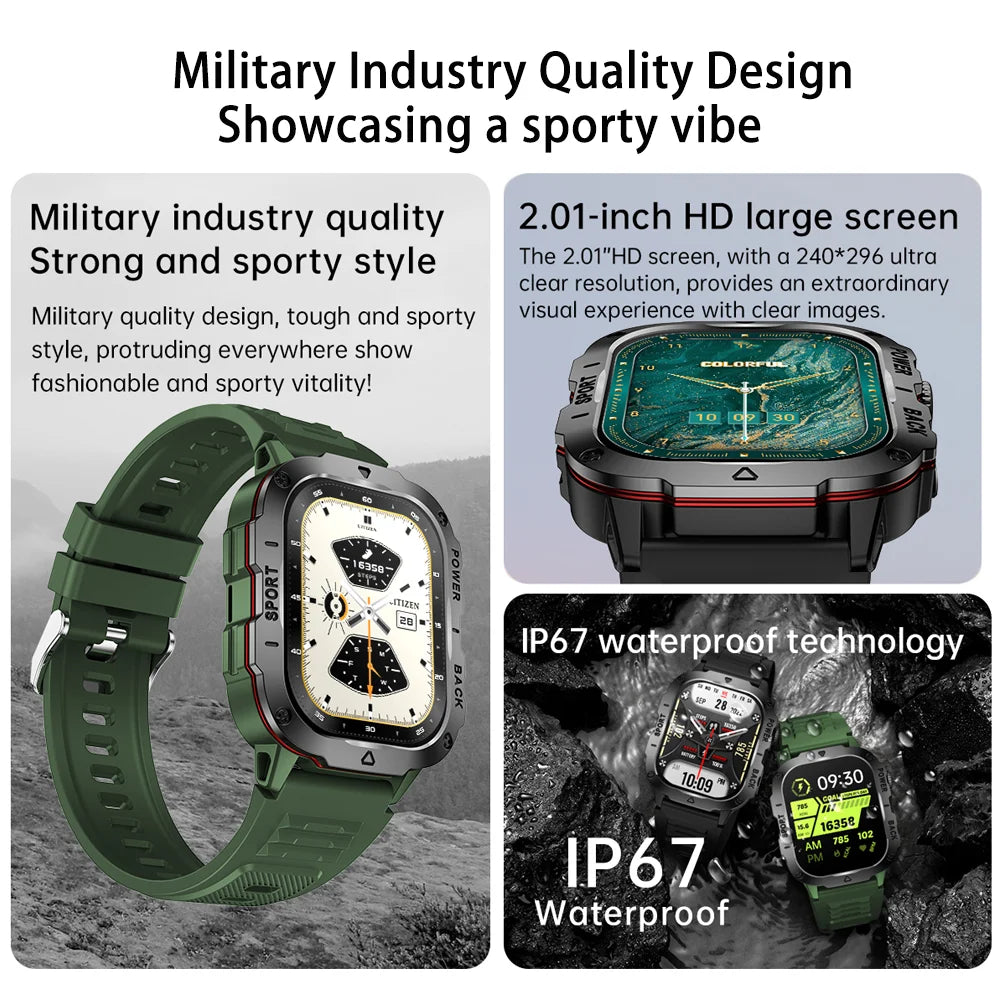 2024 New Military Smart Watch Men 2.01 inch 420mAh Outdoor Sports Fitness Tracker Health Monitor Waterproof BT Call Smartwatch F